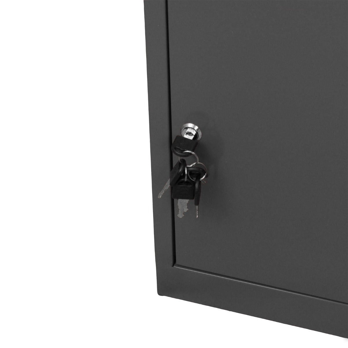 Grauer Paketkasten aus robustem Metall mit einem schlichten Design, ausgestattet mit einem Sicherheitsschloss und zwei Schlüsseln für optimalen Schutz