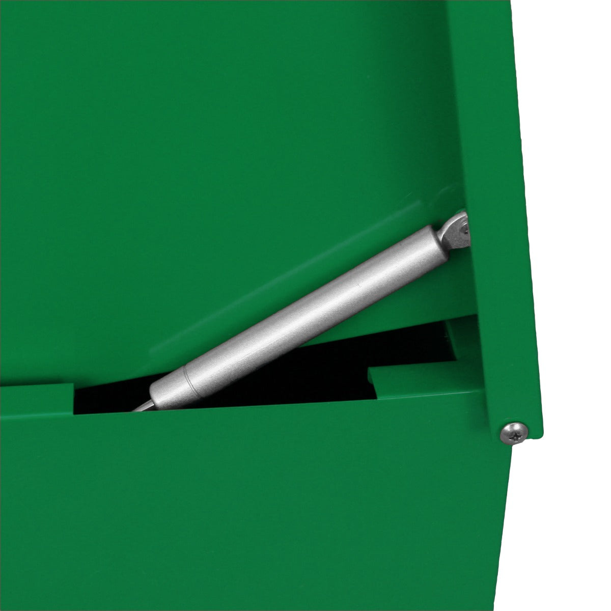 Grüner Paketkasten mit silbernem Gasdruckdämpfer, robustes Material, rechteckige Form, ideal für die sichere Aufbewahrung von Paketen