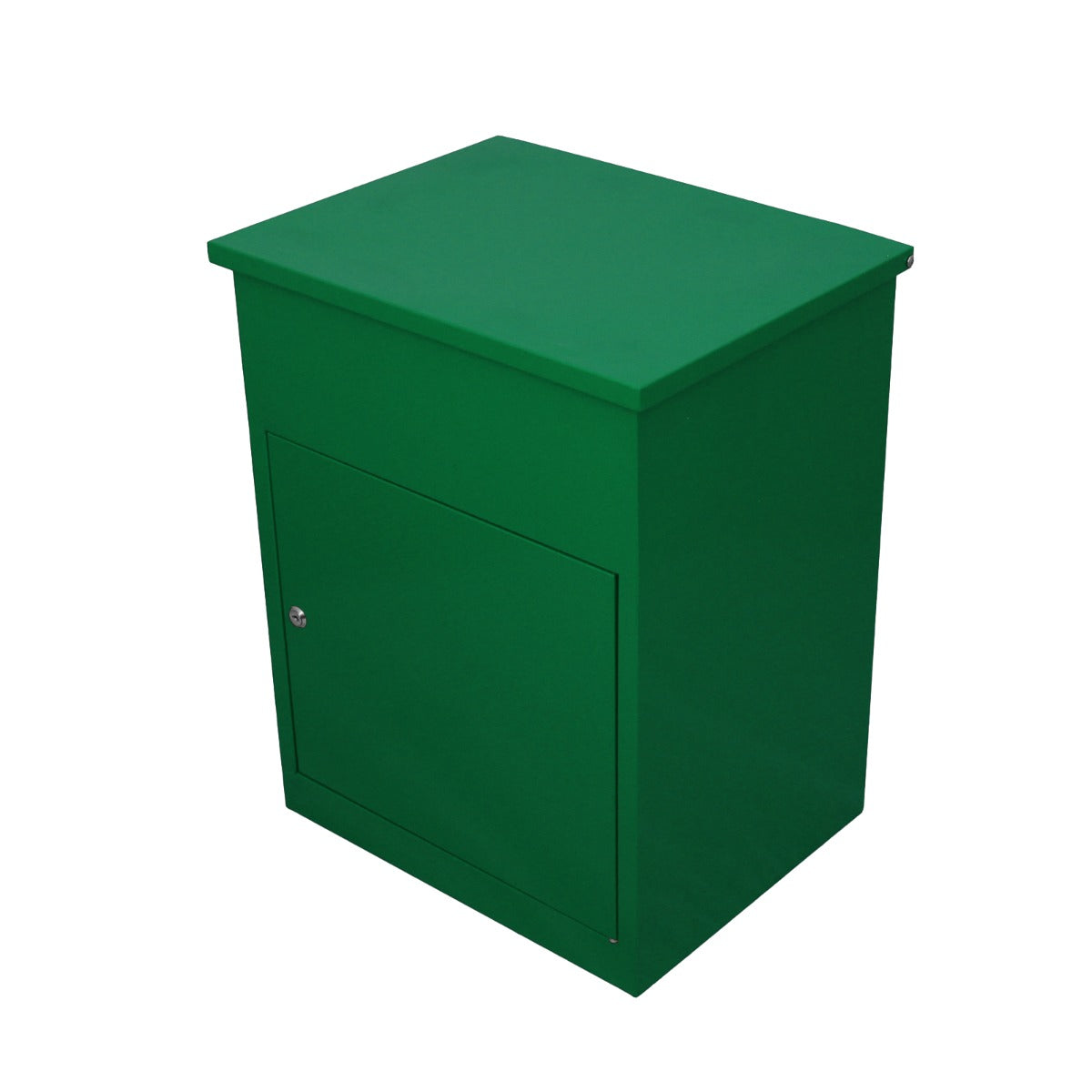 Grüner Paketkasten aus robustem Material, rechteckige Form mit glatter Oberfläche und einer verschließbaren Tür für sicheren Versand