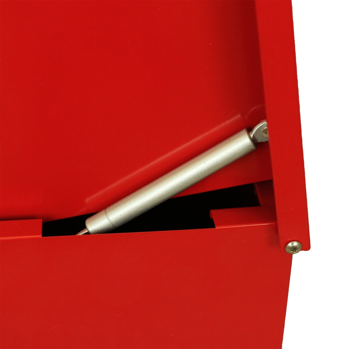 Roter Paketkasten aus robustem Metall mit einem stabilen Gasdruckdämpfer, der das Öffnen und Schließen erleichtert, ideal für die Aufbewahrung von Paketen