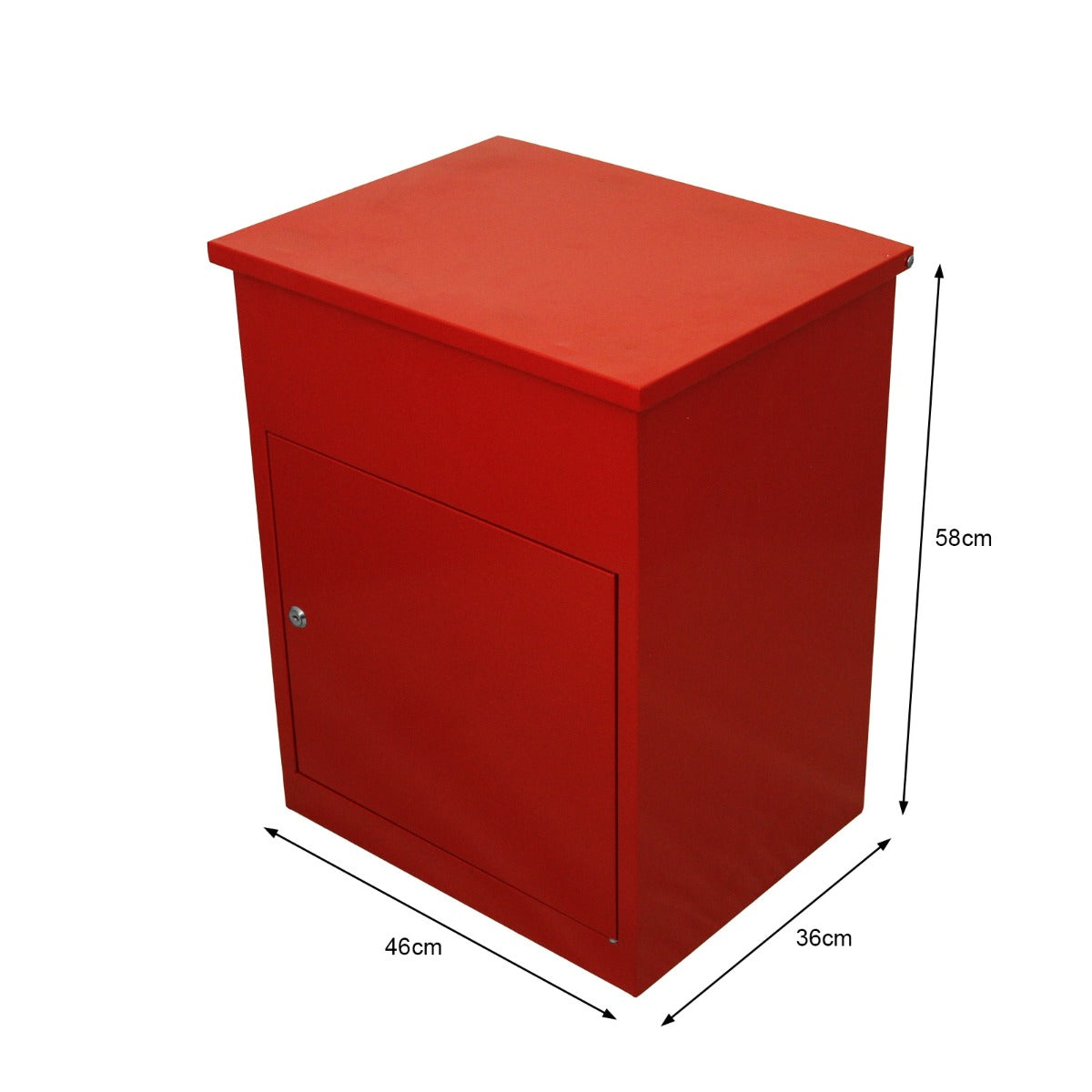 Roter Paketkasten aus robustem Material, rechteckige Form, glänzende Oberfläche, Maße 46cm x 36cm x 58cm, ideal für die sichere Aufbewahrung von Paketen