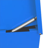 Robuster Paketkasten in leuchtendem Blau mit silbernem Gasdruckdämpfer, ideal für die sichere Aufbewahrung von Paketen im Freien