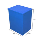 Blauer Paketkasten aus robustem Material, rechteckige Form, mit einer Tür und Maßen von 46 cm Breite, 36 cm Tiefe und 58 cm Höhe