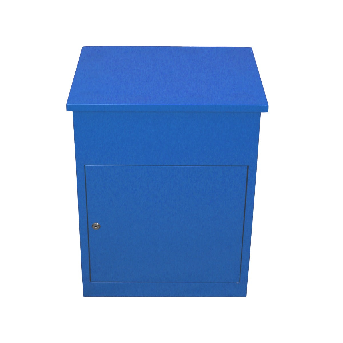 Blauer Paketkasten aus robustem Material mit glatter Oberfläche, rechteckiger Form und abschließbarem Fach für sichere Aufbewahrung von Paketen