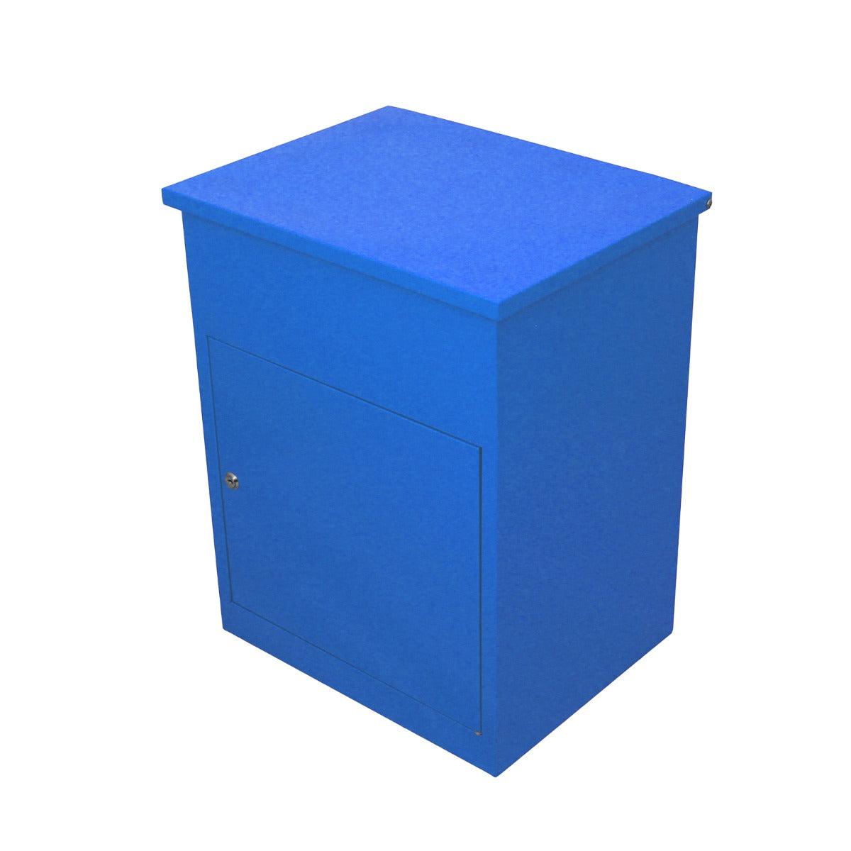 Blauer Paketkasten mit glatter Oberfläche, rechteckiger Form und einer Tür auf der Vorderseite, ideal für die sichere Aufbewahrung von Paketen