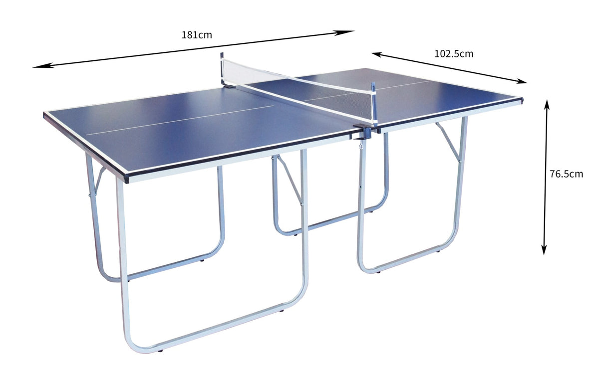 Klappbare Tischtennisplatte in Blau mit stabilen Metallbeinen, Maß 181 cm x 102,5 cm x 76,5 cm, ideal für drinnen und draußen, leicht zu transportieren