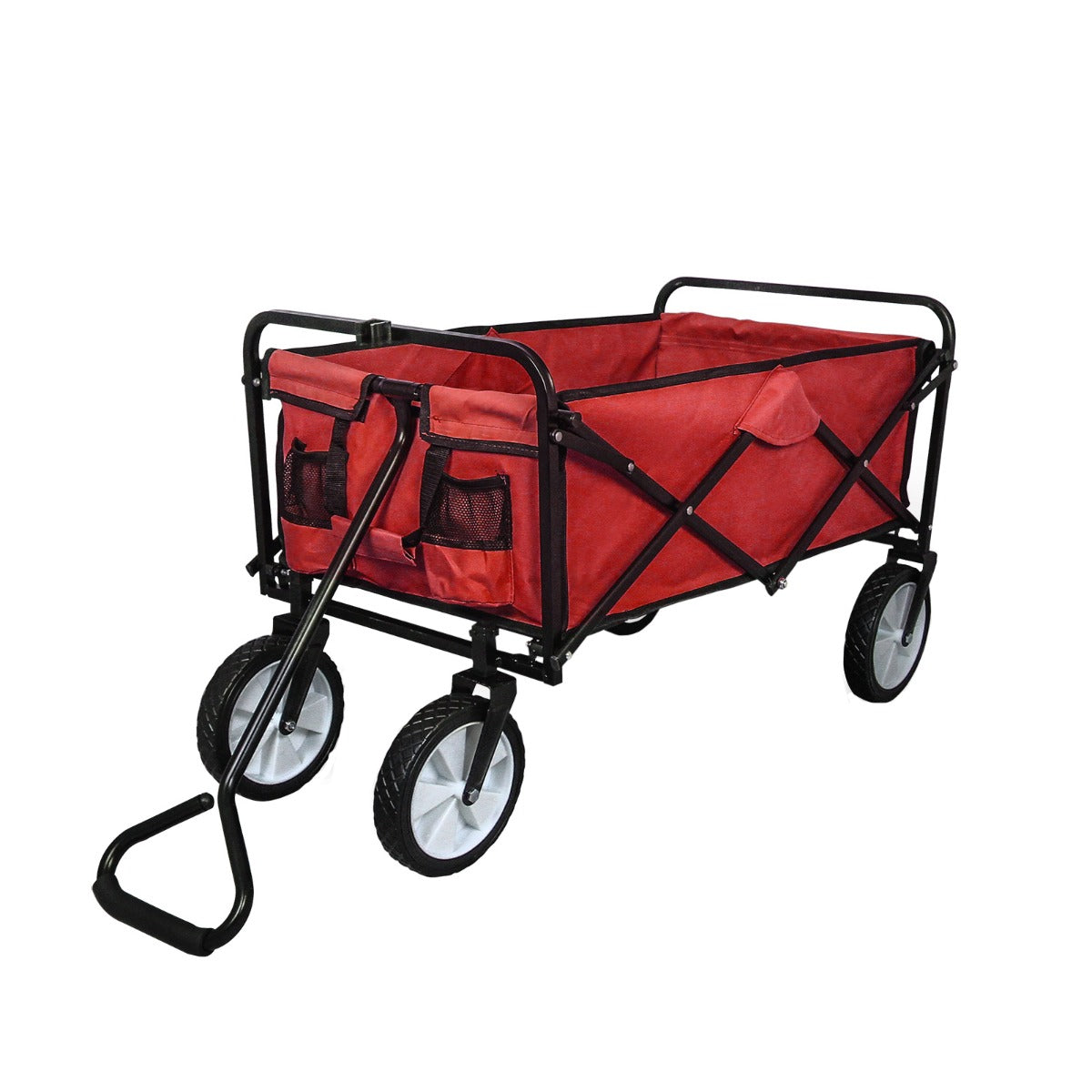 Faltbarer Gartenwagen in leuchtendem Rot mit robustem Gestell, großen Rädern und praktischen Taschen an der Seite für zusätzlichen Stauraum