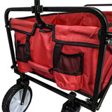 Faltbarer Gartenwagen in Rot mit stabilen Rädern, robustem Gewebe und praktischen Taschen für Werkzeuge und Zubehör