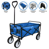 Faltbarer Gartenwagen in Blau mit robustem, wetterfestem Material, schwarzem Metallrahmen, großen Rädern und praktischem Stauraum für Gartenwerkzeuge