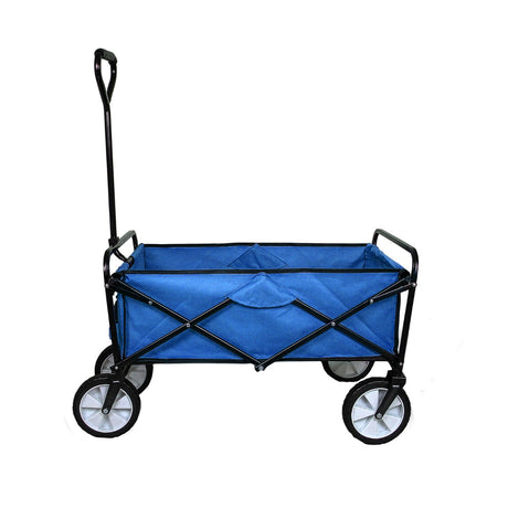 Faltbarer Gartenwagen in Blau mit stabiler schwarzer Metallstruktur, großen Rädern und einem geräumigen, robusten Innenraum aus strapazierfähigem Stoff