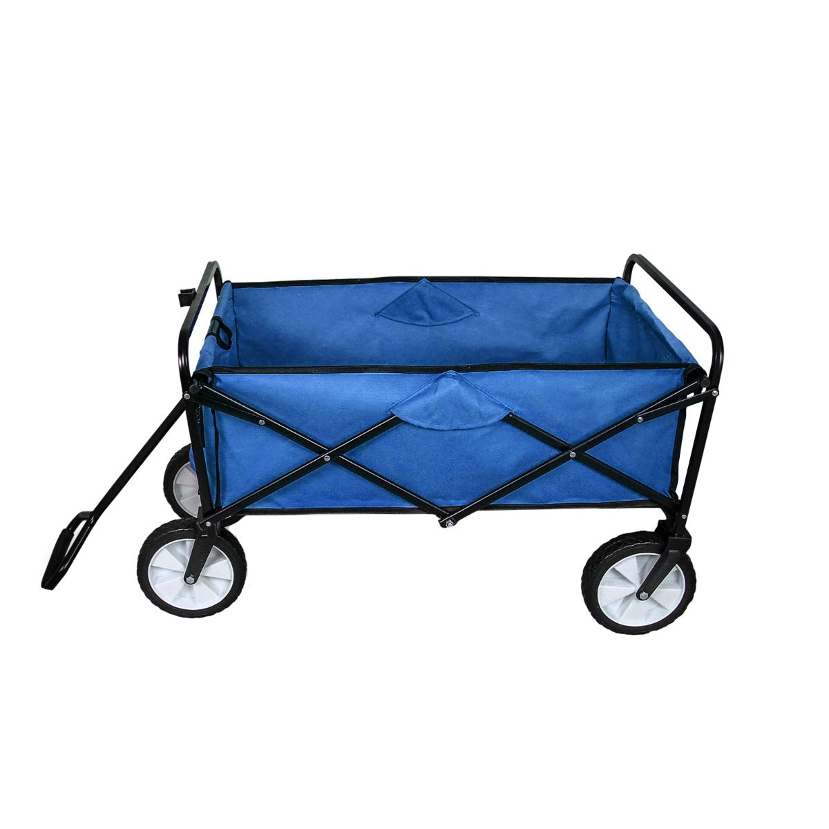 Faltbarer Gartenwagen in Blau mit schwarzem Metallrahmen, robusten Rädern und einem geräumigen, strapazierfähigen Stoffbehälter für vielseitige Nutzung