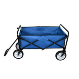 Faltbarer Gartenwagen in Blau mit schwarzem Metallrahmen, robusten Rädern und einem geräumigen, strapazierfähigen Stoffbehälter für vielseitige Nutzung