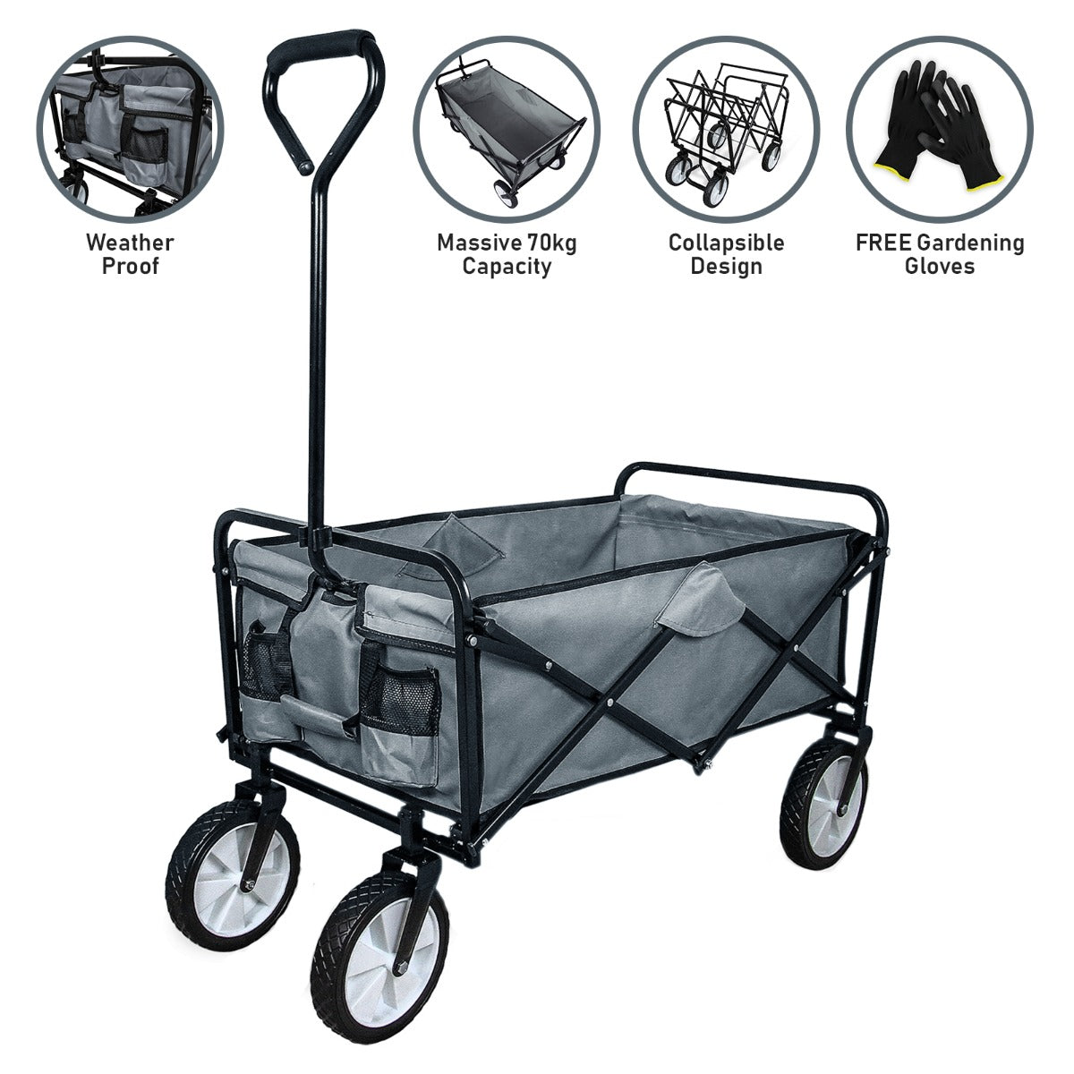 Faltbarer Gartenwagen in Grau mit schwarzem Gestell, wetterfestem Material, großem 70 kg Fassungsvermögen und praktischen Taschen für Gartenwerkzeuge
