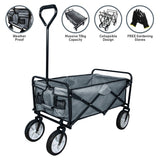 Faltbarer Gartenwagen in Grau mit schwarzem Gestell, wetterfestem Material, großem 70 kg Fassungsvermögen und praktischen Taschen für Gartenwerkzeuge