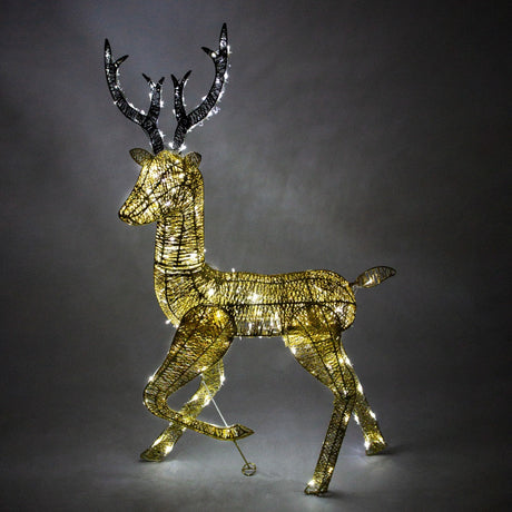 LED beleuchteter Hirsch in goldener Drahtoptik mit funkelnden Lichtern, elegant geformt mit detailreichen, glitzernden Geweihen