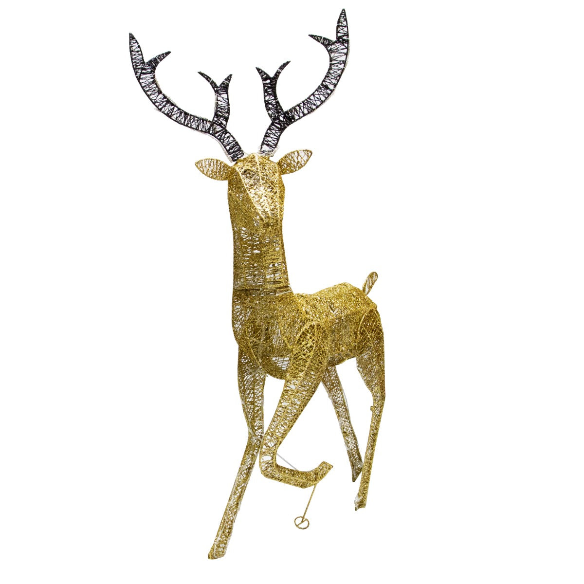 Goldfarbener LED-Hirsch mit filigranen, leuchtenden Details und schwarzen Geweihen, ideal für festliche Dekoration und stimmungsvolle Beleuchtung