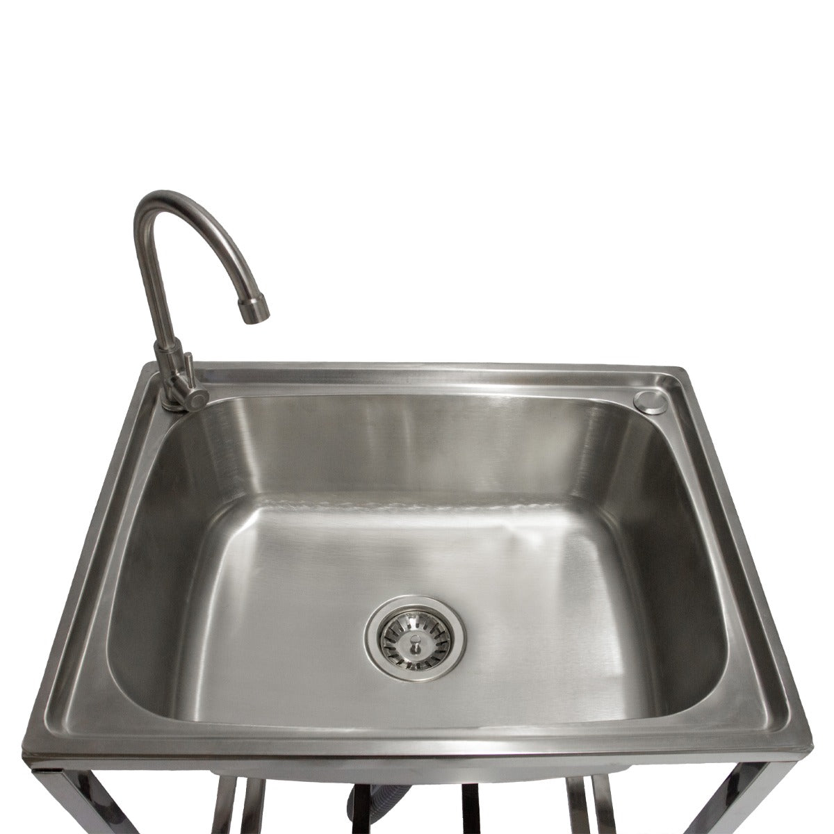 Edelstahl Camping-Spüle mit glänzender Oberfläche, rechteckiger Form, integriertem Abfluss und flexibler Wasserhahn für Outdoor-Nutzung