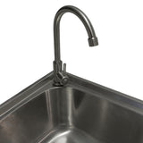 Edelstahl Camping-Spüle mit glänzender Oberfläche, abgerundeten Kanten und einem flexiblen Wasserhahn für einfache Handhabung und Reinigung