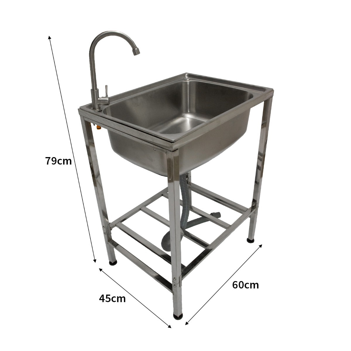 Edelstahl Camping-Spüle mit rechteckigem Becken, glänzender Oberfläche, verstellbarem Wasserhahn und stabiler Unterkonstruktion, ideal für Outdoor-Aktivitäten