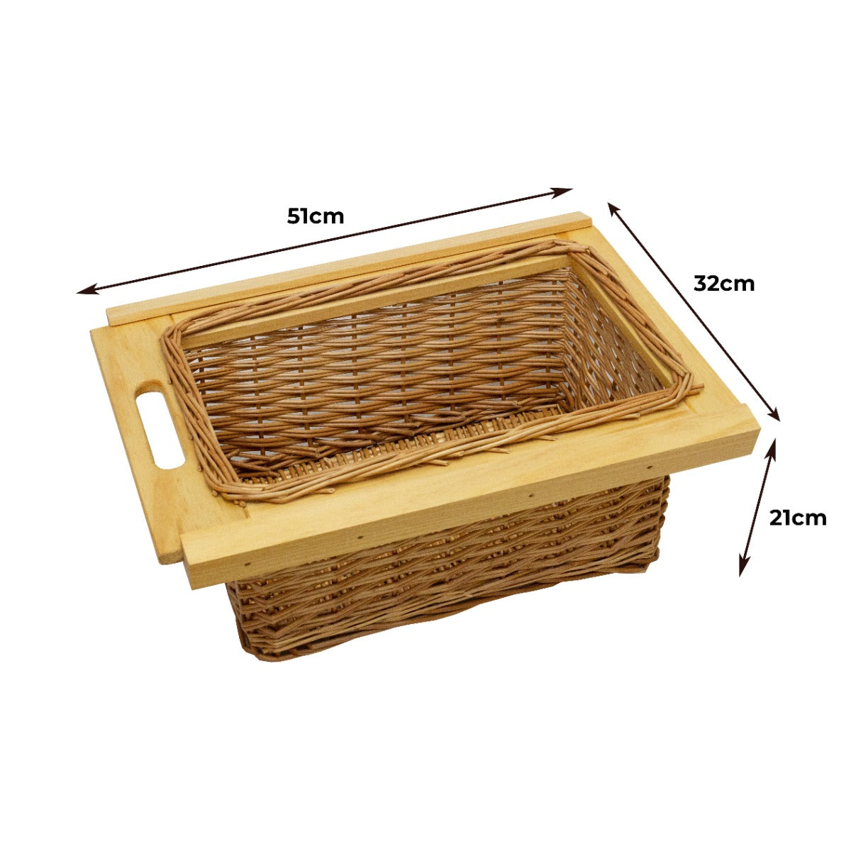Ausziehbarer Weidenkorb mit Holzgriff, rechteckig, 51 cm lang, 32 cm breit, 21 cm hoch, ideal für die Aufbewahrung und Organisation in Schränken