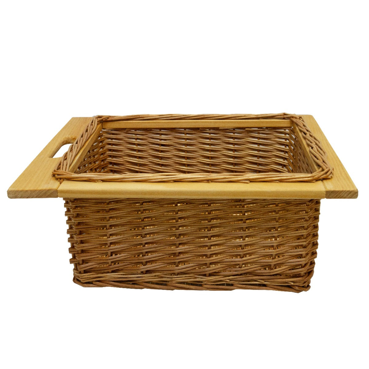 Ausziehbarer Weidenkorb mit Holzgriff, rechteckig, in warmen Brauntönen, ideal zur Aufbewahrung und Organisation in Schränken