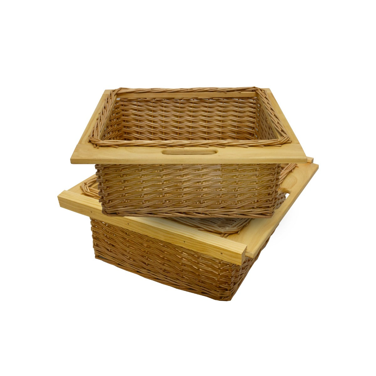 Zwei ausziehbare Weidenkörbe in natürlichem Braun mit Holzrahmen, ideal für die Aufbewahrung im Schrank, robust und stilvoll gestaltet