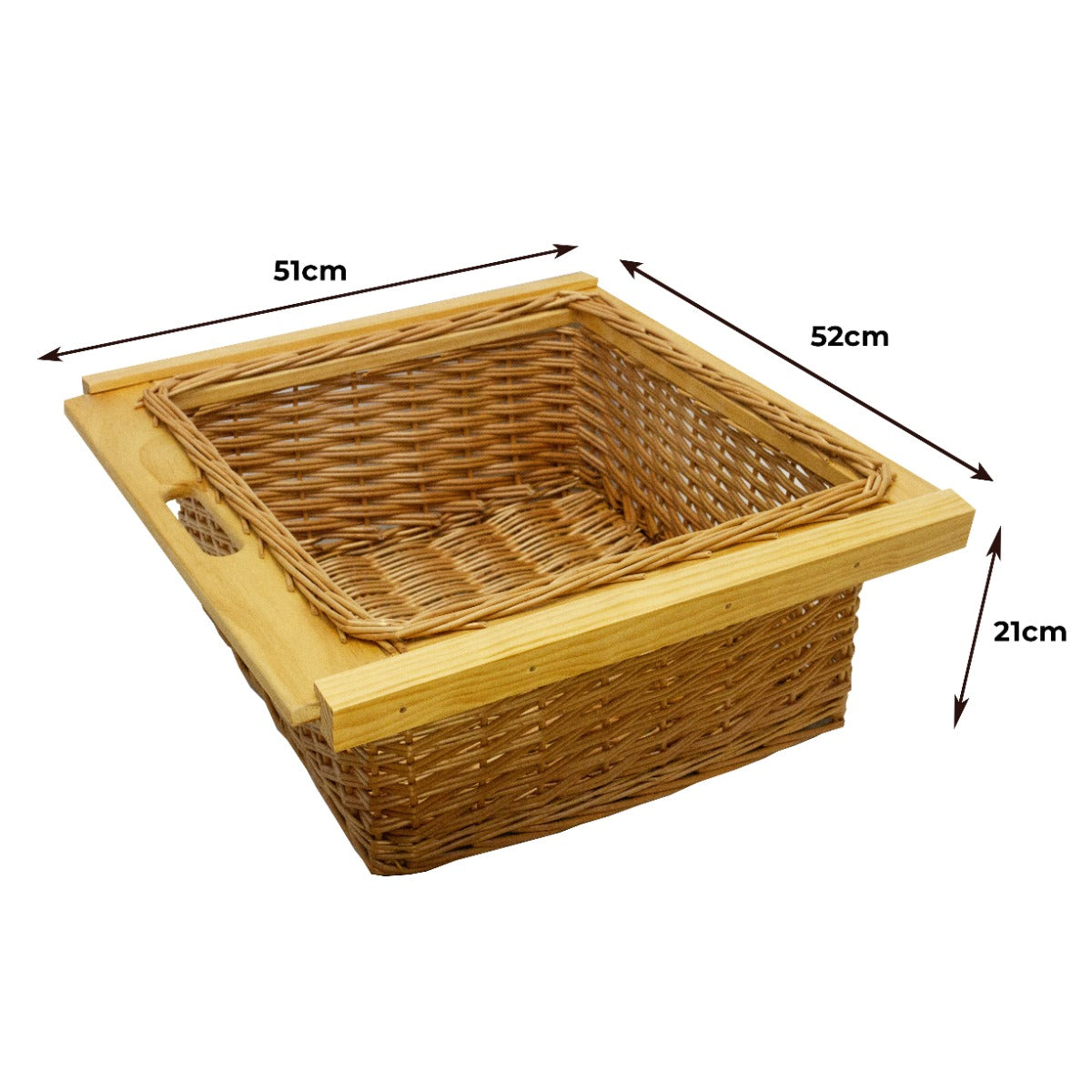 Zwei ausziehbare Weidenkörbe mit Holzrahmen, 51 cm x 52 cm x 21 cm, in natürlichem Braun, ideal für die Aufbewahrung in Schränken und Regalen