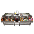 Elegante Doppel Cocktail-Bar Station aus Edelstahl mit Eis, Gläsern und einer Vielzahl von Spirituosen und frischen Zutaten in bunten Fächern