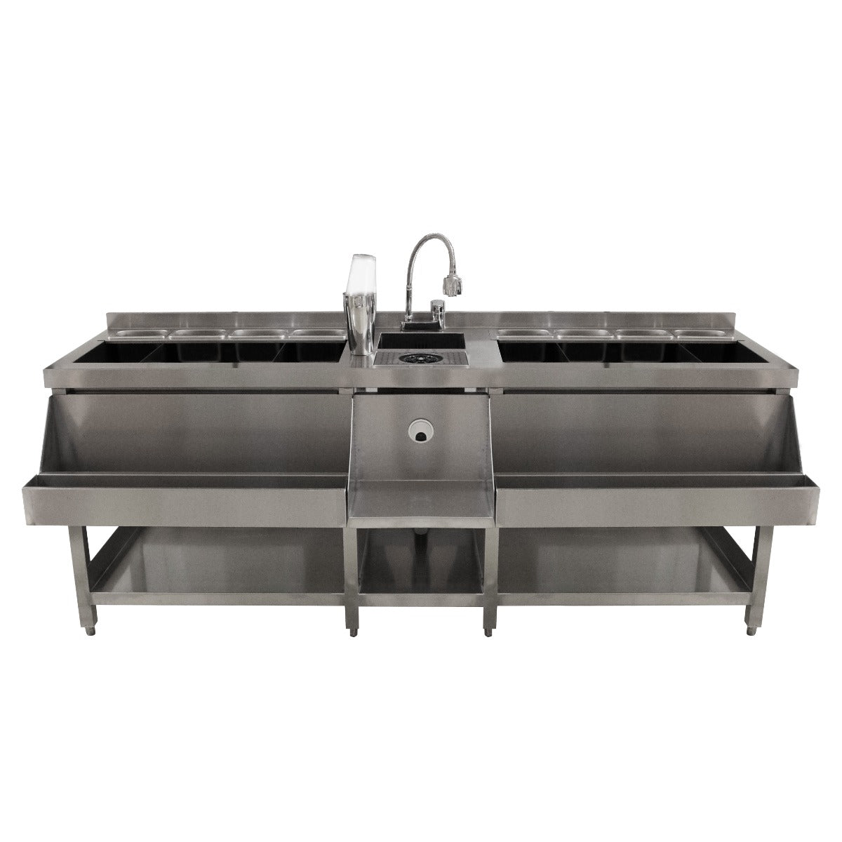 Elegante KuKoo Doppel Cocktail-Bar Station aus Edelstahl mit zwei großen Arbeitsflächen, mehreren Behältern und einem integrierten Wasserhahn