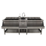 Elegante KuKoo Doppel Cocktail-Bar Station aus Edelstahl mit zwei großen Arbeitsflächen, mehreren Behältern und einem integrierten Wasserhahn