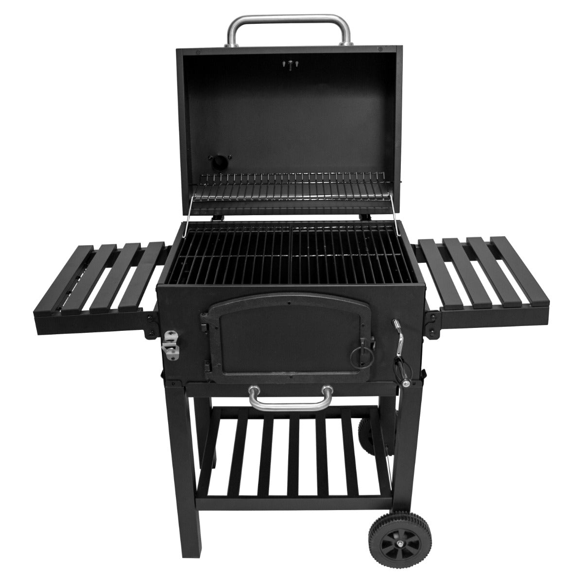 XL Holzkohlegrill Smoker in Schwarz mit geöffnetem Deckel, zwei klappbaren Seitenablagen und robustem Gestell auf Rollen für einfache Mobilität