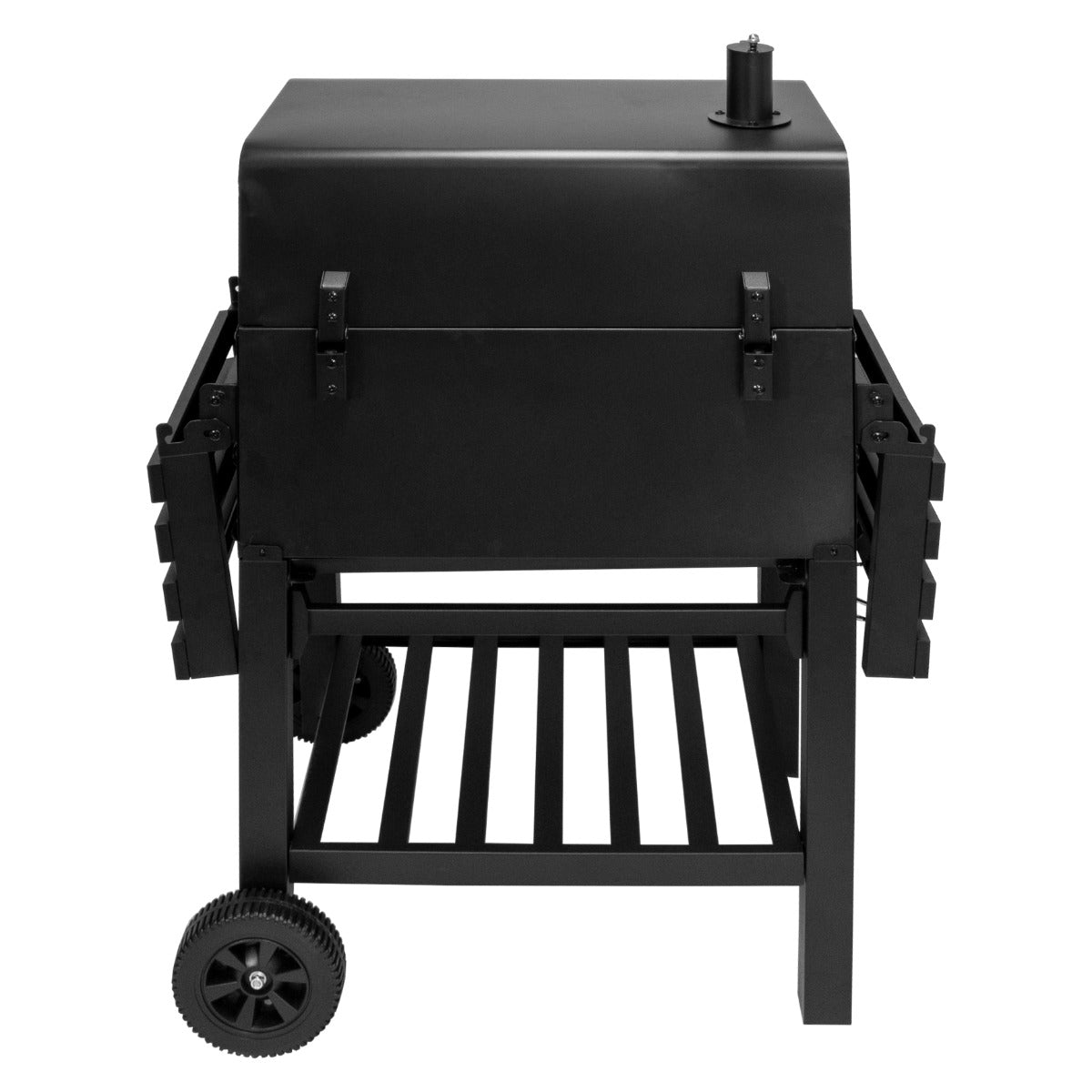 XL Holzkohlegrill Smoker in mattem Schwarz, robustes Metall, mit seitlichen Ablageflächen und stabilen Rädern für einfache Mobilität