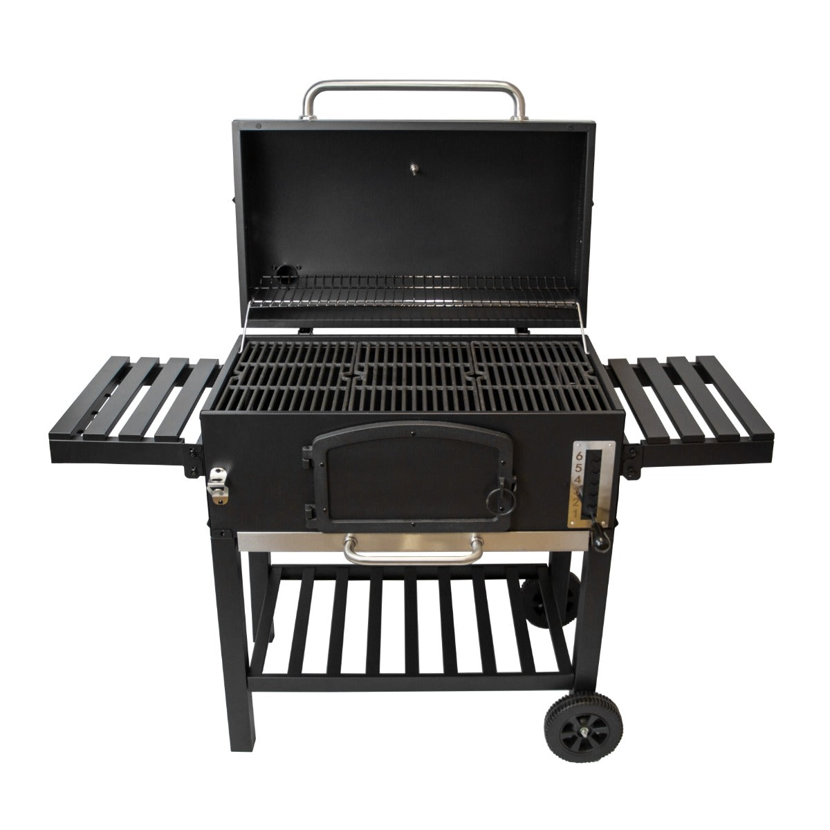 XXL Holzkohlegrill Smoker in Schwarz mit zwei klappbaren Seitentischen, robustem Metallrahmen und geräumiger Grillfläche für perfekte Grillabende