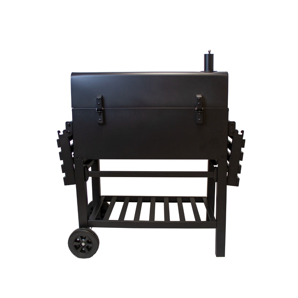 XXL Holzkohlegrill Smoker in mattem Schwarz mit stabiler Metallkonstruktion, seitlichen Ablagen und robusten Rädern für einfache Mobilität