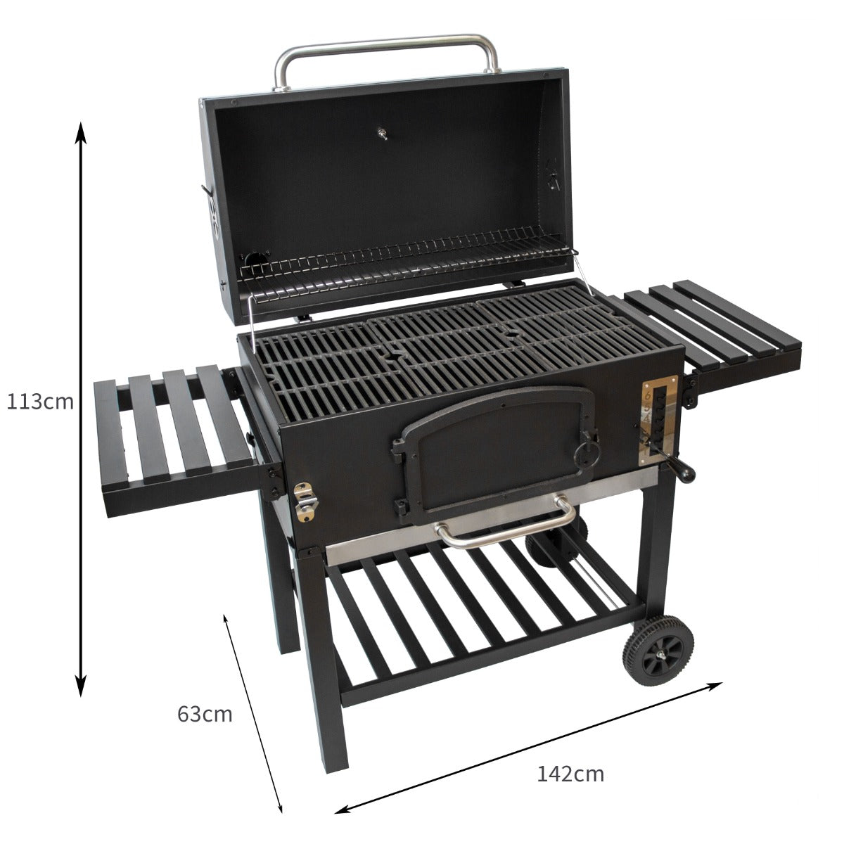 XXL Holzkohlegrill Smoker in Schwarz mit klappbaren Seitentischen, robustem Gestell und Grillfläche für perfektes BBQ-Erlebnis