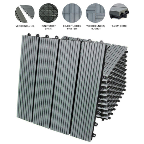 Grau WPC-Terrassenfliesen im Format 30x30 cm, mit strukturiertem, rutschfestem Design und 2,5 cm Dicke, ideal für Außenbereiche und Terrassen