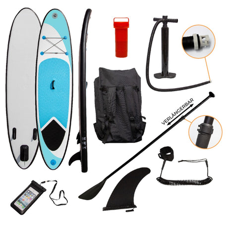 Aufblasbares Paddle Board in Blau mit weißen und schwarzen Akzenten, inklusive Paddel, Pumpe, Rucksack, Sicherheitsleine und wasserdichter Handyhülle