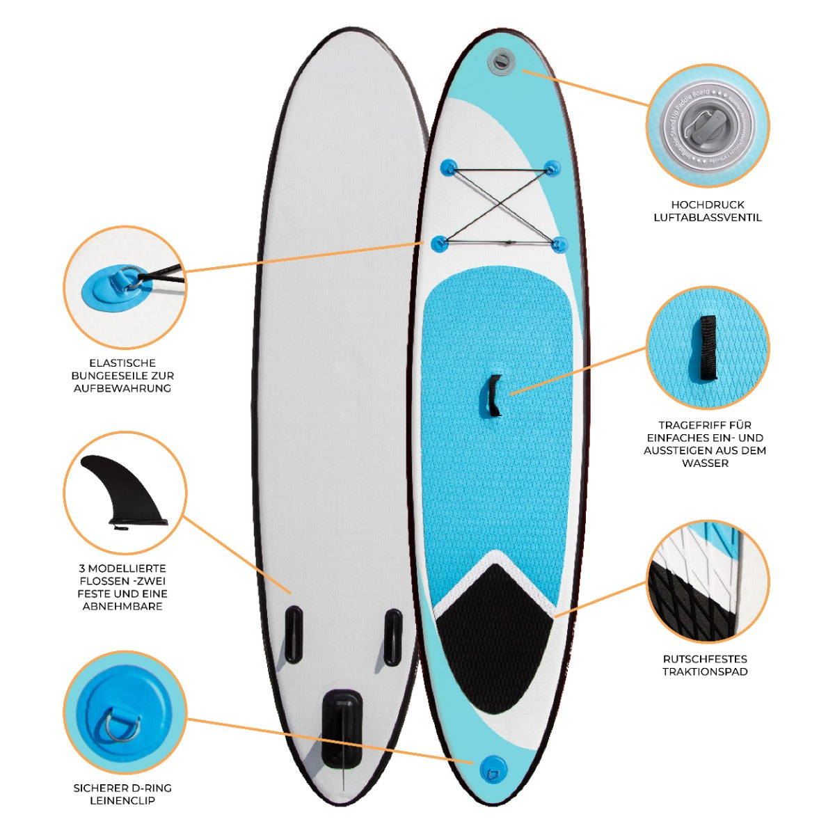 Blaues, 307 cm langes aufblasbares Paddle Board mit rutschfester Oberfläche, elastischen Bungee-Seilen und abnehmbaren Flossen für Stabilität und Komfort