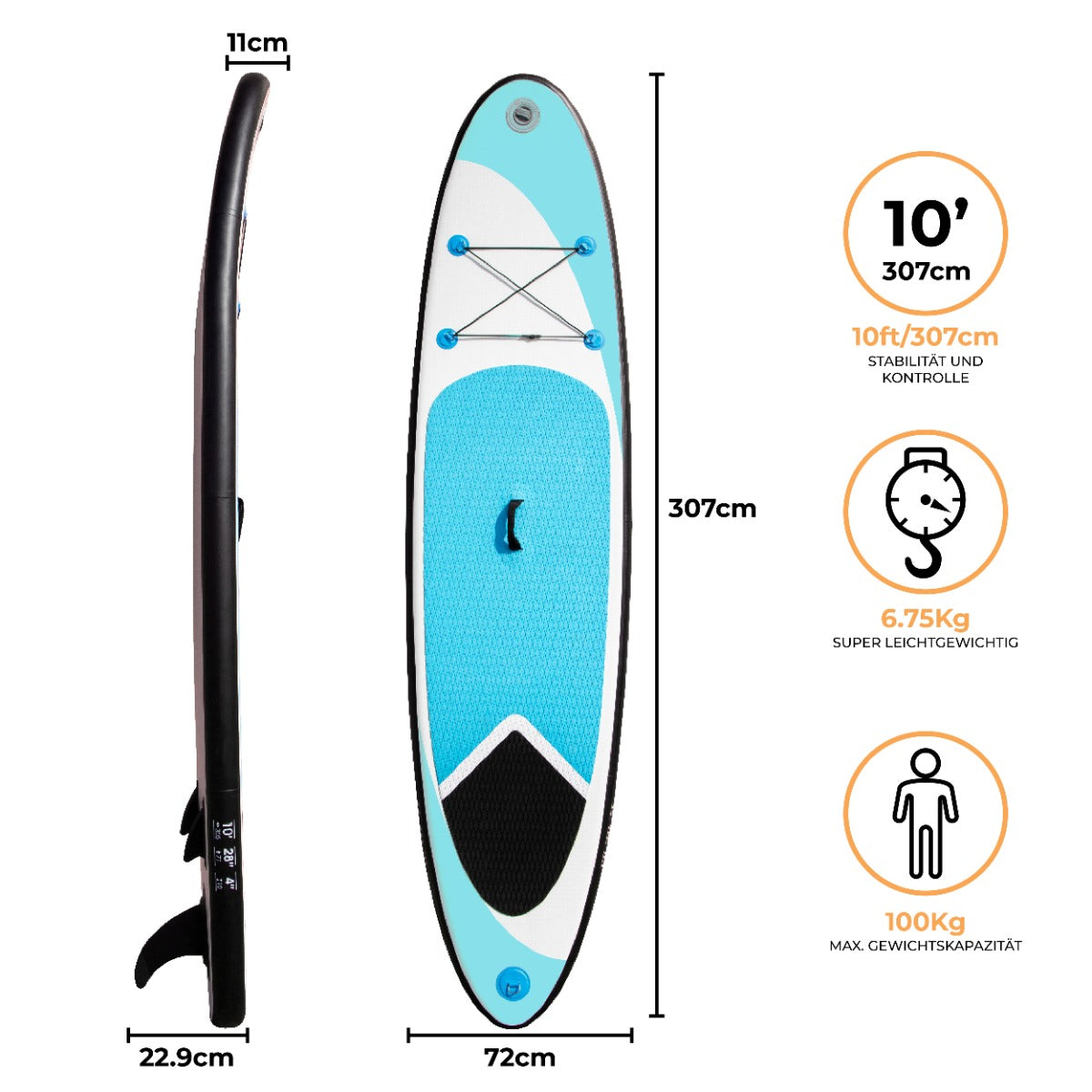 Aufblasbares Paddle Board in Blau mit einer Länge von 307 cm, breitem, rutschfestem Deck, stabiler Form und leichtem Design für optimale Kontrolle und Tragfähigkeit bis 100 kg