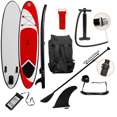 Aufblasbares Paddle Board in Rot mit weißer Oberfläche, Zubehör wie Paddel, Pumpe, Rucksack und Sicherheitsleine, ideal für Wassersportaktivitäten