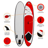 Aufblasbares Paddle Board in Rot mit rutschfester Oberfläche, drei abnehmbaren Finnen, Hochdruckventil und elastischen Bungee-Seilen zur Aufbewahrung