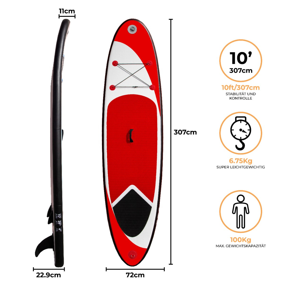 Aufblasbares Paddle Board in Rot mit schwarzem Rand, 307 cm lang, 72 cm breit, rutschfester Oberfläche und stabilen Griffen für optimale Kontrolle