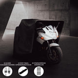 Schwarzes Motorrad Garagenzelt XL mit zwei sicheren Schließmechanismen, strapazierfähigen Bodenbolzen und einer Stoff-Tragetasche, ideal für den Schutz von Motorrädern