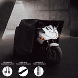 Schwarzes Motorrad Garagenzelt XL mit einem weißen Motorrad, das teilweise sichtbar ist, umgeben von einer modernen, grauen Betonumgebung