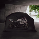 Schwarzes Motorrad Garagenzelt XXL mit grauem Motorrad im Inneren, idealer Schutz vor Witterungseinflüssen und Staub, robustes Material