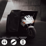 Schwarzes Motorrad Garagenzelt XXL mit sicherem Verschluss, strapazierfähigem Material und stabilen Bodenbolzen, ideal zum Schutz von Motorrädern