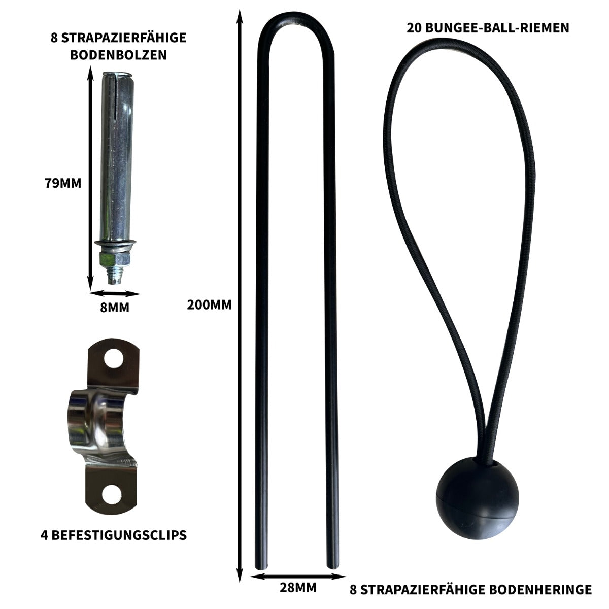 Fahrradzelt-Zubehör mit 8 strapazierfähigen Bodenbolzen, 4 Befestigungsclips, 20 Bungee-Ball-Riemen und stabilen Bodenheringen in Schwarz und Silber