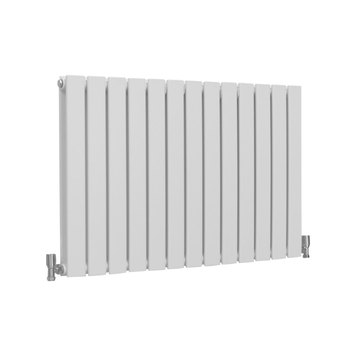 Paneelheizkörper in glänzendem Weiß, 600mm x 910mm, mit vertikalen Lamellen und eleganten, verchromten Ventilen für modernen Wohnstil