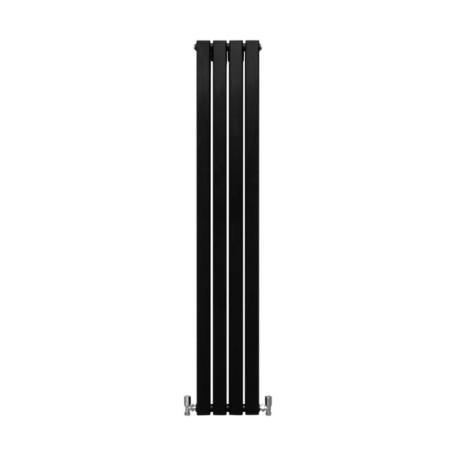 Eleganter, mattschwarzer Paneelheizkörper mit vier vertikalen Lamellen, 1600 mm hoch und 280 mm breit, ideal für moderne Wohnräume