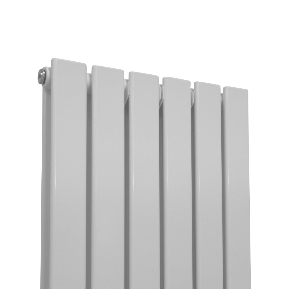 Glänzender weißer Paneelheizkörper mit sechs vertikalen Lamellen, ideal für moderne Innenräume, Maße 1600mm x 420mm